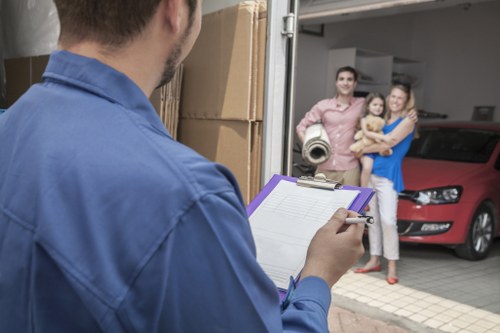 Office furniture being carried through a South Kensington building
